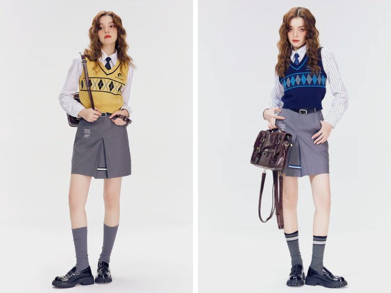 Cách phối áo len gile với chân váy chữ A