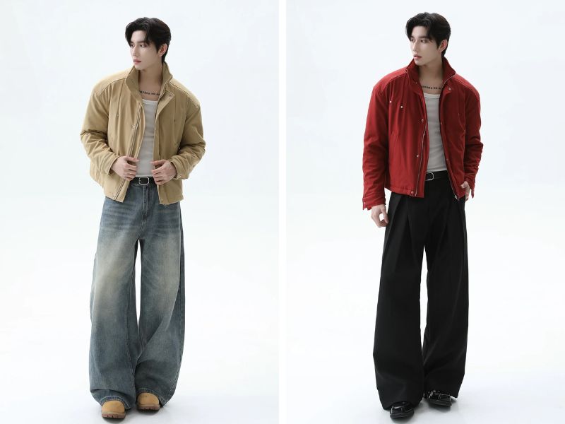 Quần baggy nam mix với áo khoác kaki