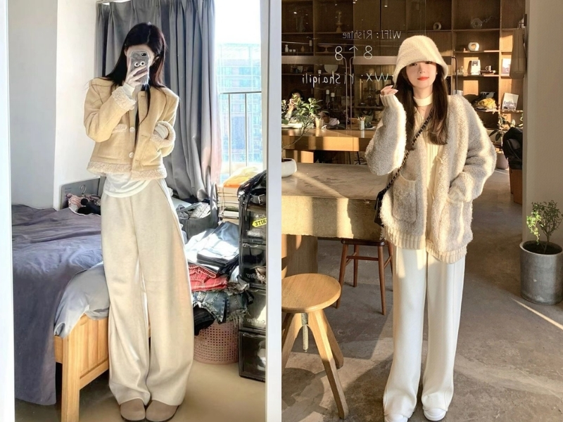 Áo màu kem phối quần be hoặc kem đậm