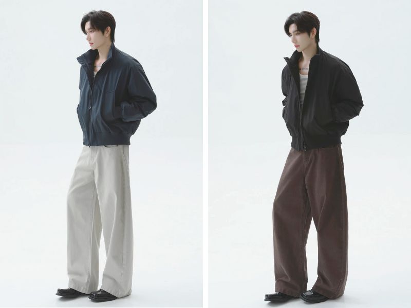 Cách phối quần tây baggy với áo khoác kaki
