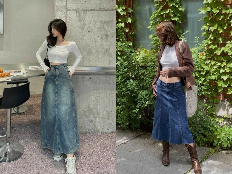 Áo hai dây hoặc croptop phối với chân váy dài trẻ trung