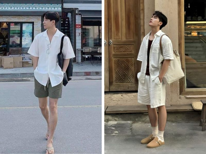 phong cách mùa hè quần short với dép nam