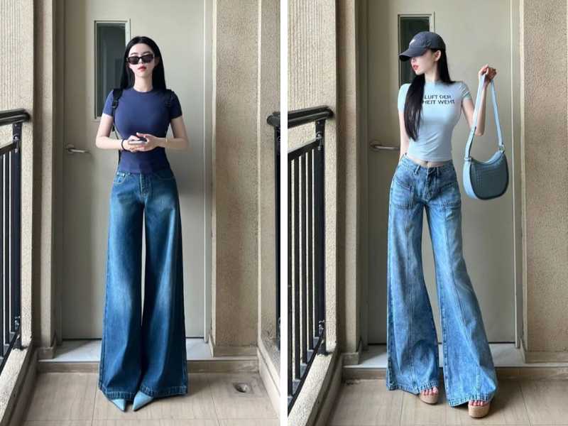 Quần bò loe nữ mặc với áo thun