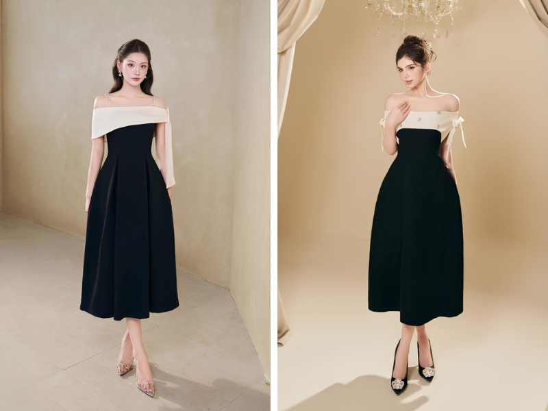 cách phối đồ dự tiệc sang trọng với đầm trễ vai màu đen 