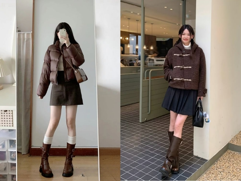 Áo len cổ cao phối chân váy chữ A và áo khoác ngắn.