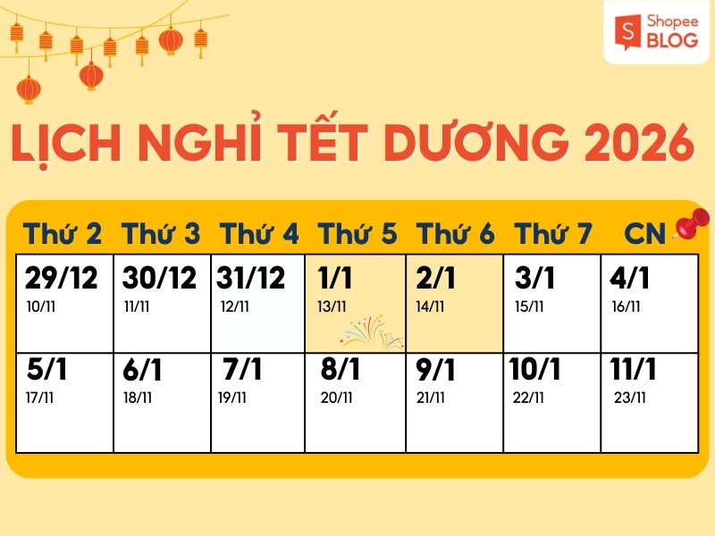 Lịch nghỉ Tết Dương lịch năm 2026 