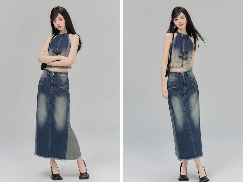 Cách phối chân váy jean dài style jean on jean