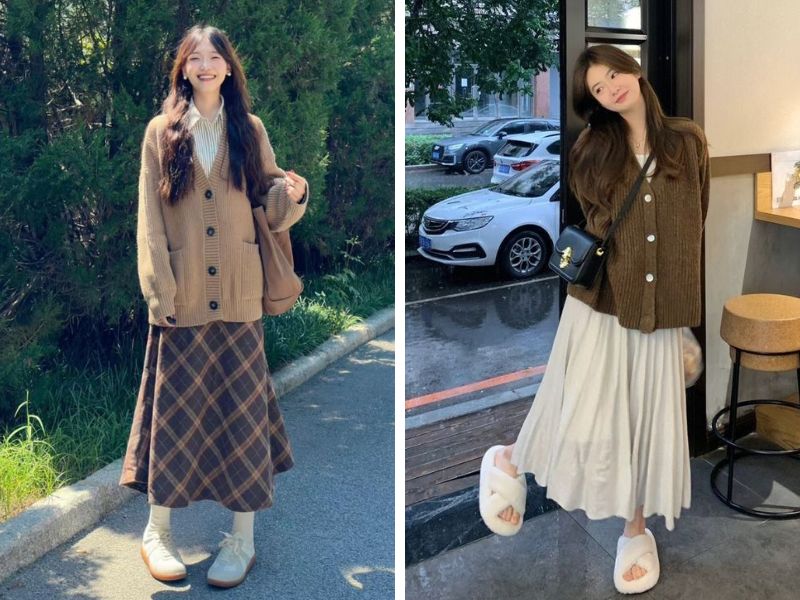 áo cardigan và chân váy chữ a dáng dài