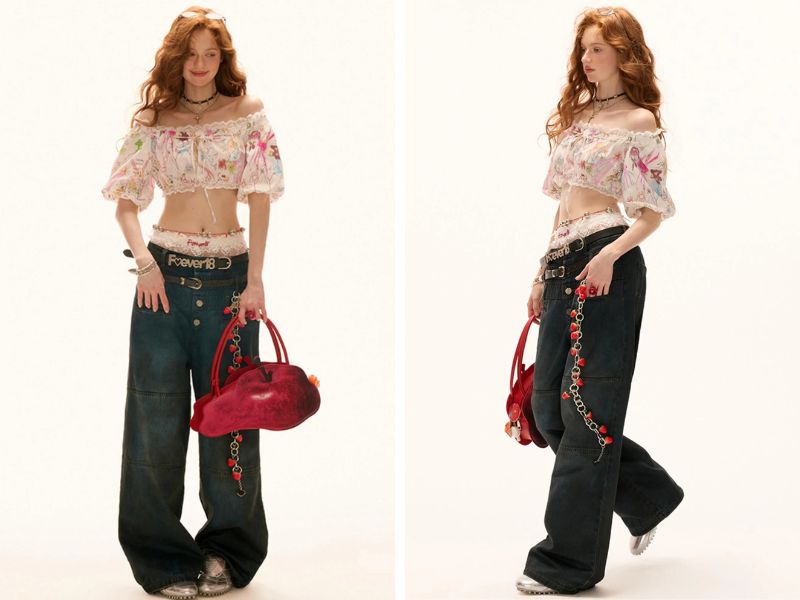 Quần baggy nữ phối cùng áo trễ vai