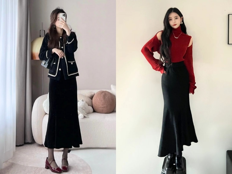Phối chân váy đuôi cá dài với cardigan