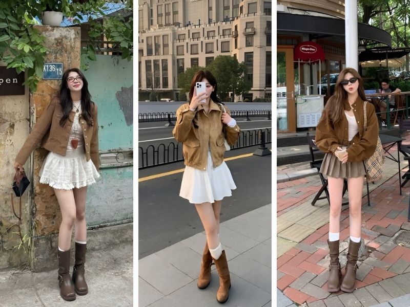 Phối boot cổ lửng với chân váy ngắn 