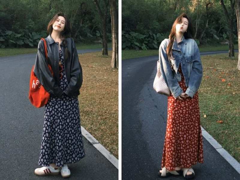 Đầm dài kết hợp với áo khoác lửng