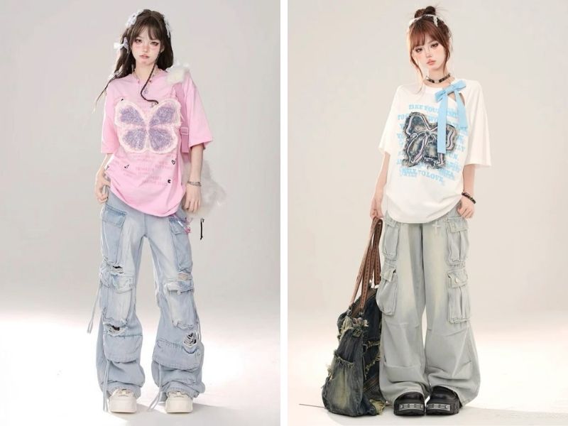Cách phối quần baggy với áo thun nữ
