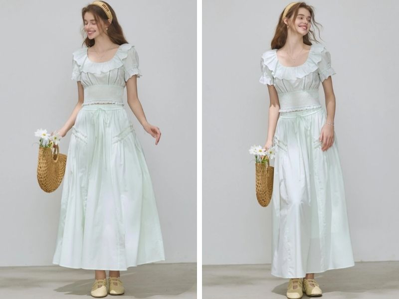 Cách mix chân váy dài với áo babydoll croptop