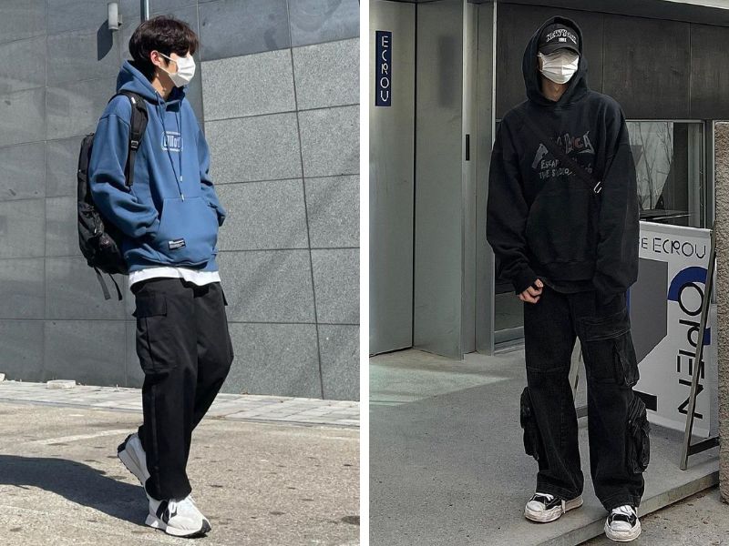 áo hoodie và quần cargo
