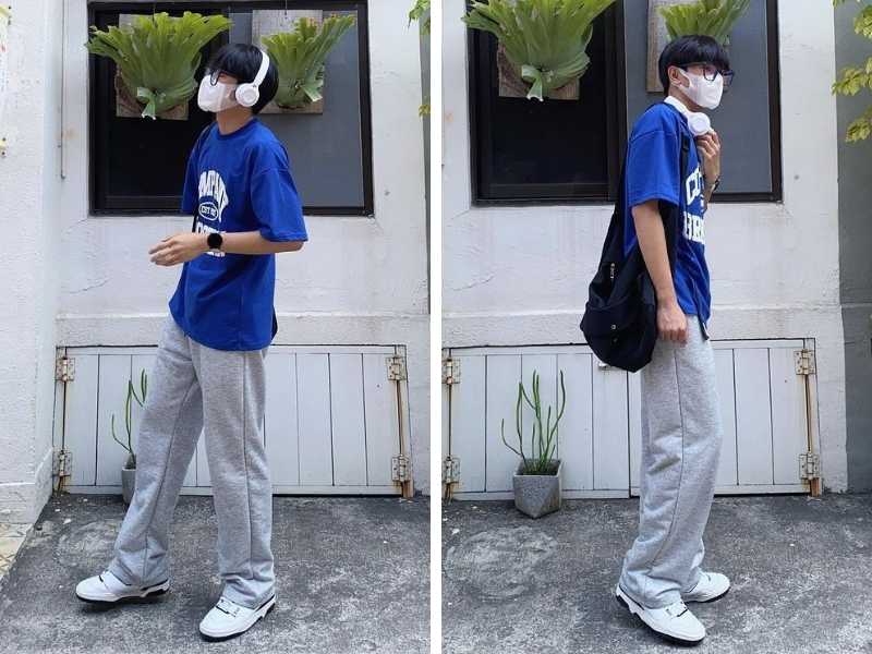 Quần jogger xám phối với áo thun xanh dương đậm