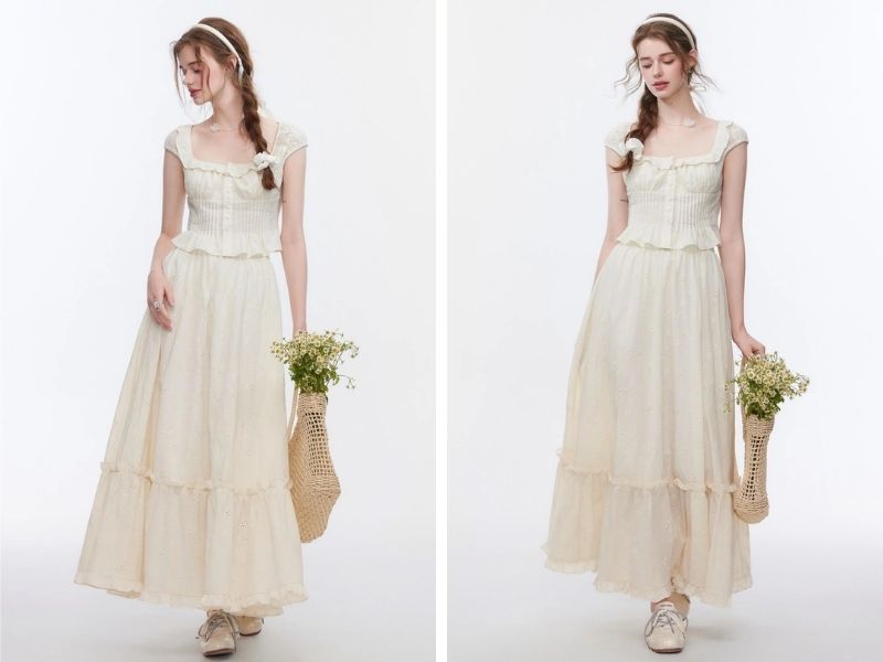 Cách phối chân váy dài với áo babydoll croptop