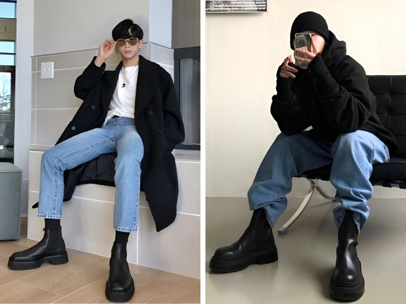 Phối đồ với quần jean và boot cổ lửng màu đen

