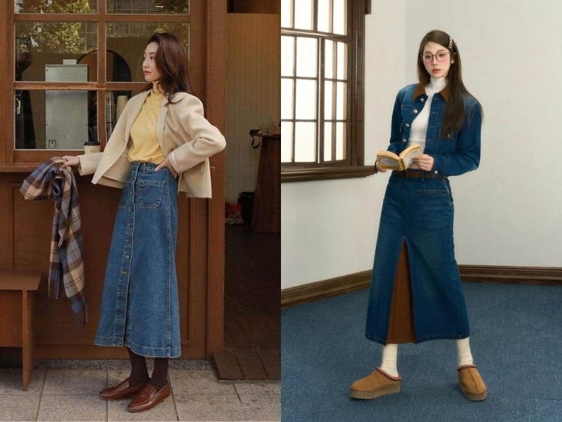 Áo cổ lọ mỏng phối chân váy jean dài xẻ nhẹ
