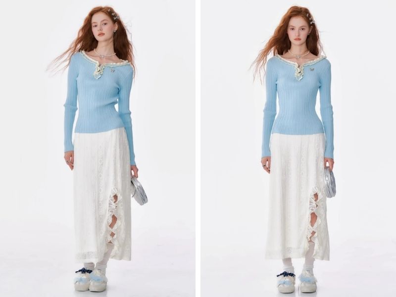 Cách phối chân váy suông dài với áo len