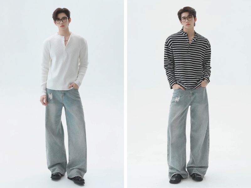 Cách phối áo henley với quần jean loe nam
