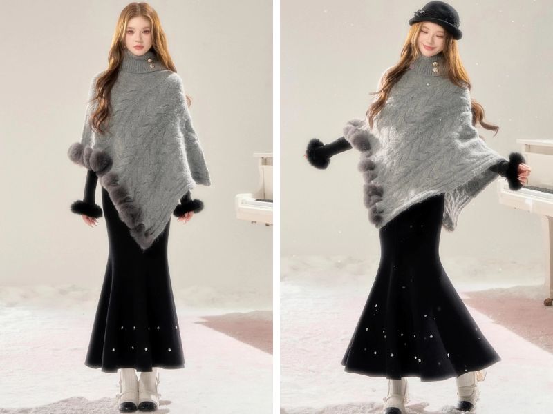 Cách phối chân váy đuôi cá với áo khoác cape