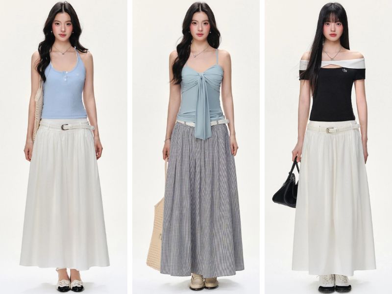 Cách phối đồ với chân váy dài cho người lùn