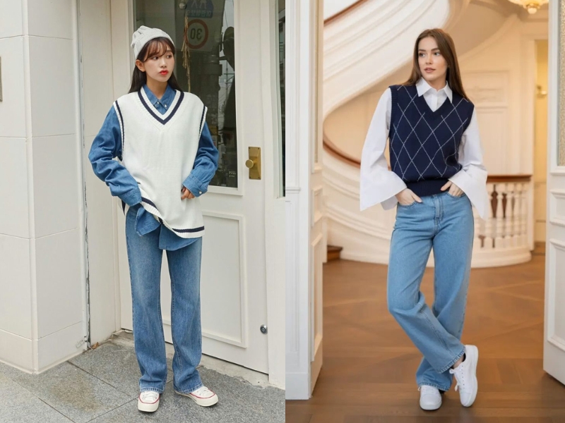 cách phối áo gile với quần jean