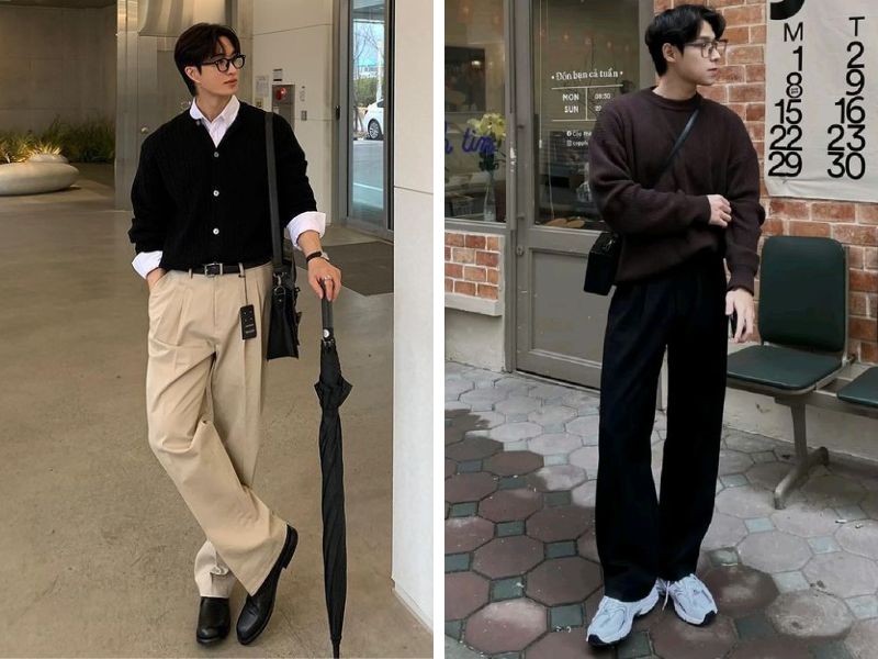 túi đeo cháo mặc với áo len mỏng và quần chinos