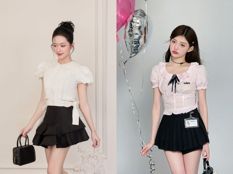 Áo tay phồng hoặc áo bèo phối chân váy ngắn xoè