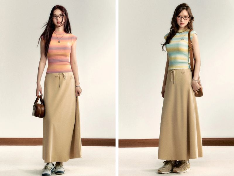 Cách phối chân váy suông dài với áo babytee
