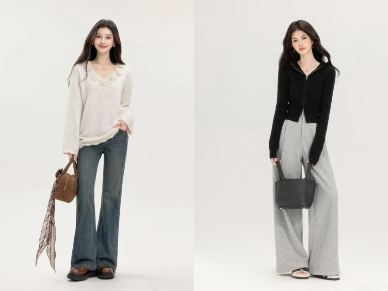 Áo cổ chữ V kết hợp quần jeans cạp cao dáng gọn