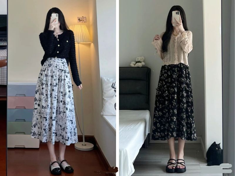 cardigan croptop với chân váy chữ a dáng dài