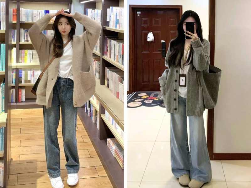 Phối quần jean ống rộng mùa đông với áo cardigan