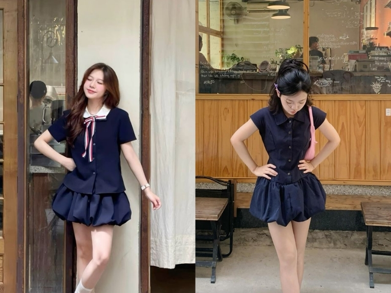 Phối chân váy ngắn xoè với set áo chiết eo
