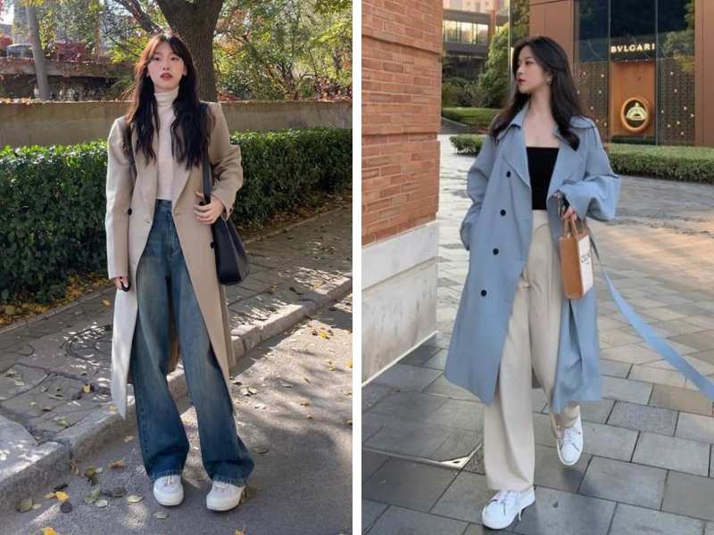 Cách phối áo măng tô dài cho nữ 1m50