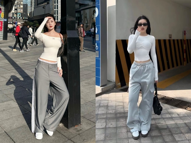 Áo croptop dài chạm cạp quần phối cùng quần cạp cao
