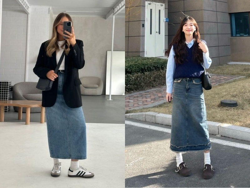 Phối blazer với chân váy dài qua gối