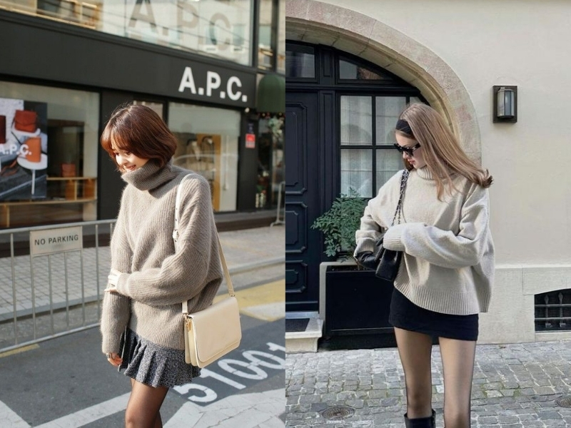 Áo len cổ lọ phối quần suông hoặc chân váy và tất giữ nhiệt