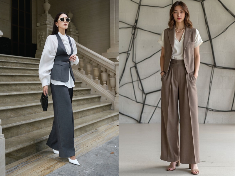 gile dáng dài phối cùng quần ống rộng