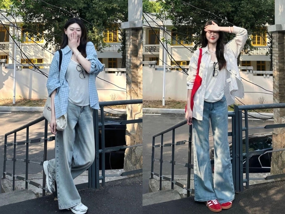 Outfit layering với quần jean ống suông nữ
