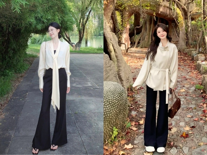 Áo màu kem phối quần đen dáng suông