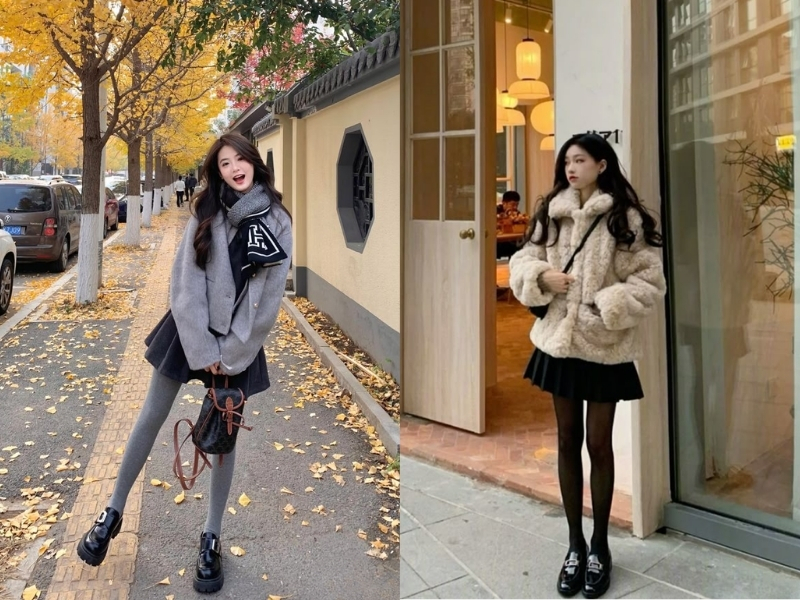 Áo lông dáng ngắn phối váy và tất giữ nhiệt