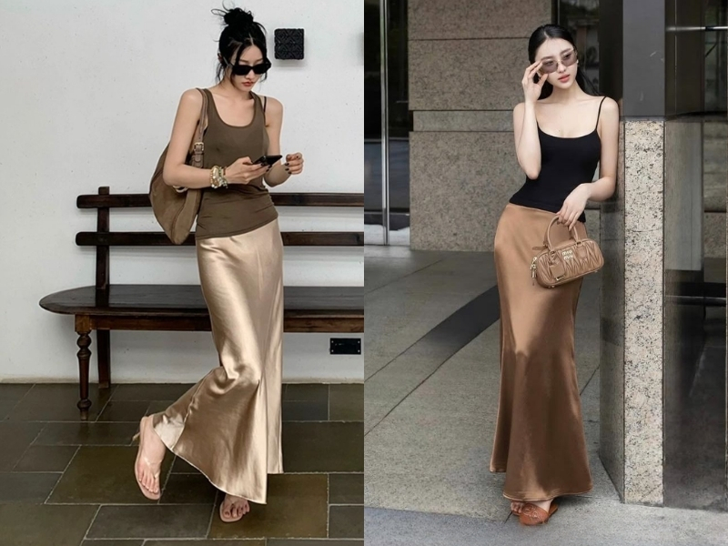 Chân váy lụa mix áo hai dây