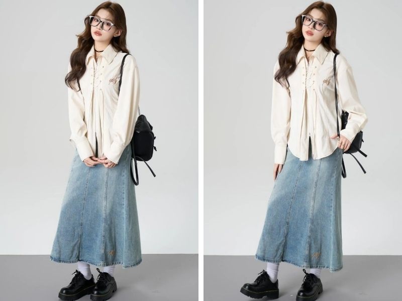 Cách phối đồ với chân váy jean suông dài