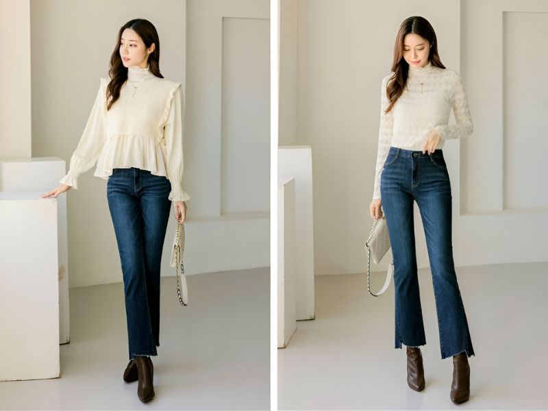 Phối quần bò ống suông và boot cổ lửng cao gót