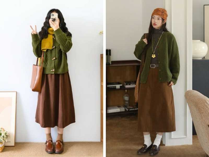 Phối chân váy nâu với cardigan xanh rêu