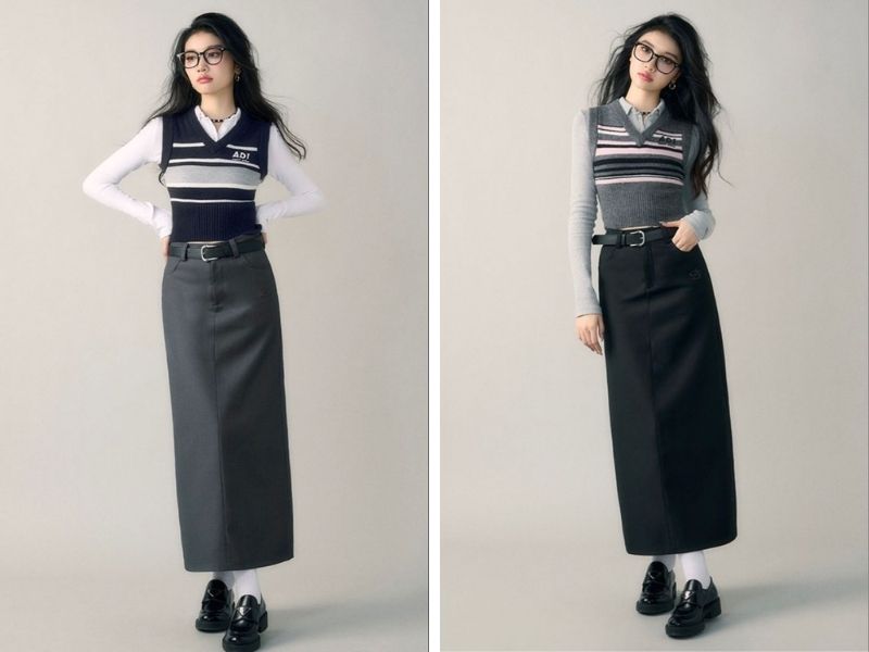 Cách phối áo len gile với chân váy suông dài