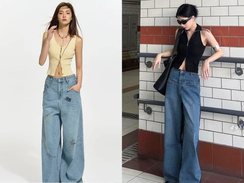 Áo cổ chữ V kết hợp quần jeans cạp cao dáng gọn