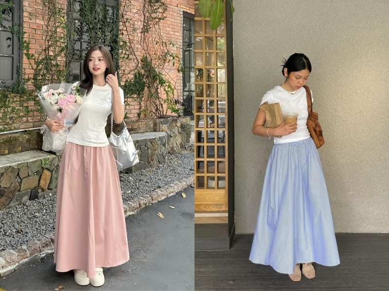Chân váy chữ A dáng dài phối với áo baby tee

